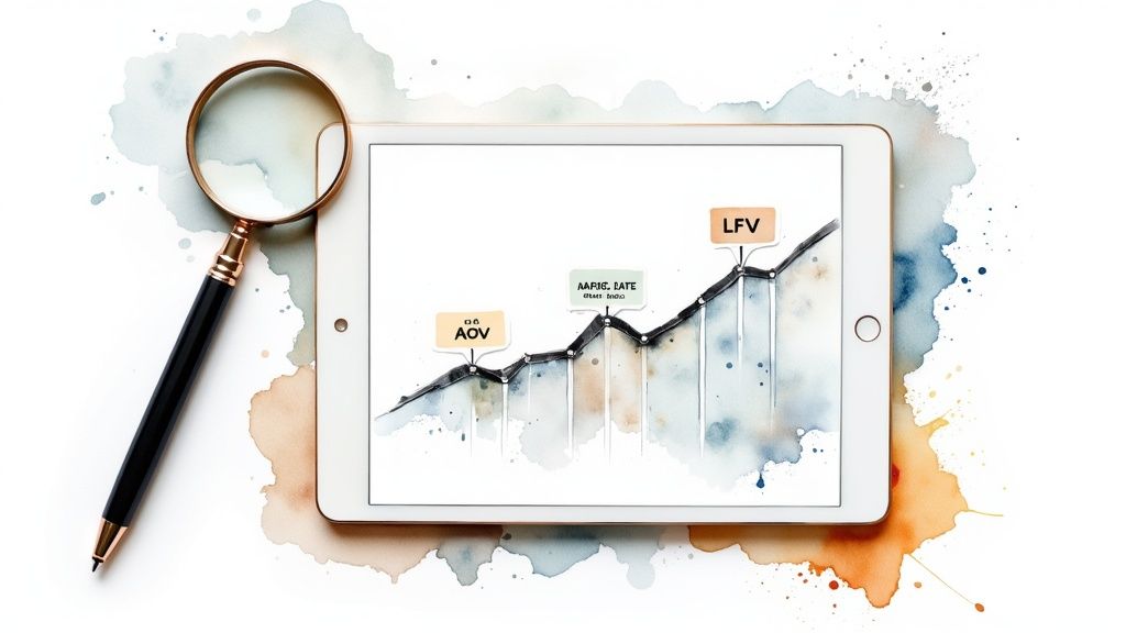 A tablet displays a watercolor growth graph with AOV and LFV metrics, next to a magnifying glass and pen.