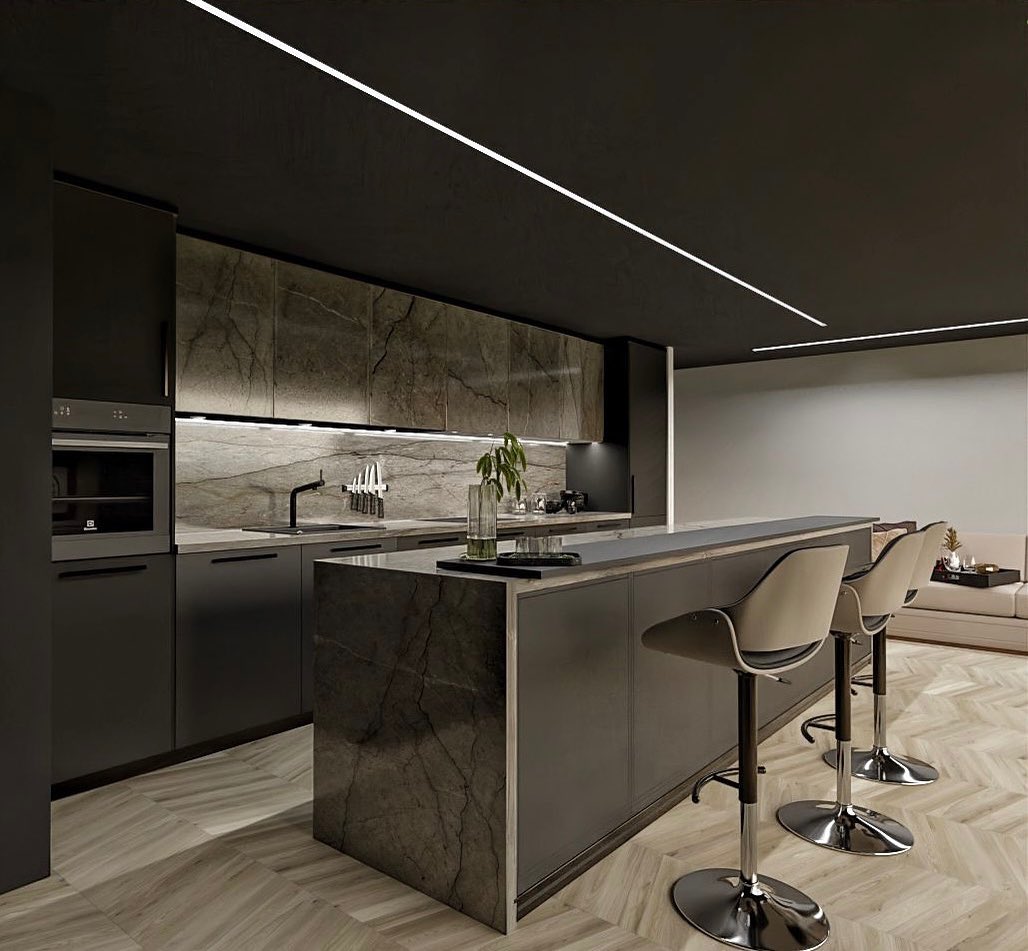 dark, graz with white light acents, and dark marble kitchen