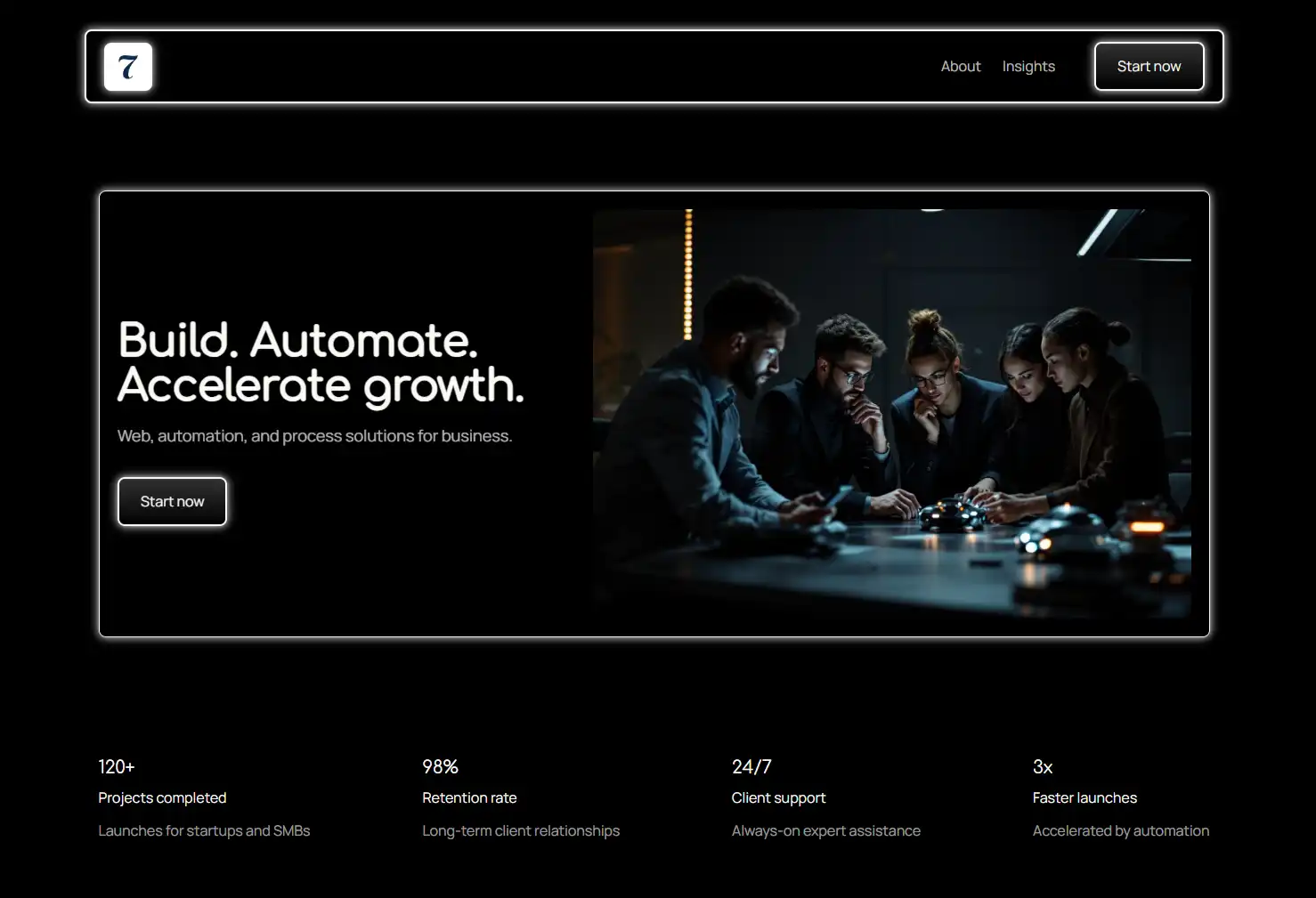 A professional dark-themed section showing a team of specialists working together in a focused environment, with the heading 'Build. Automate. Accelerate growth.