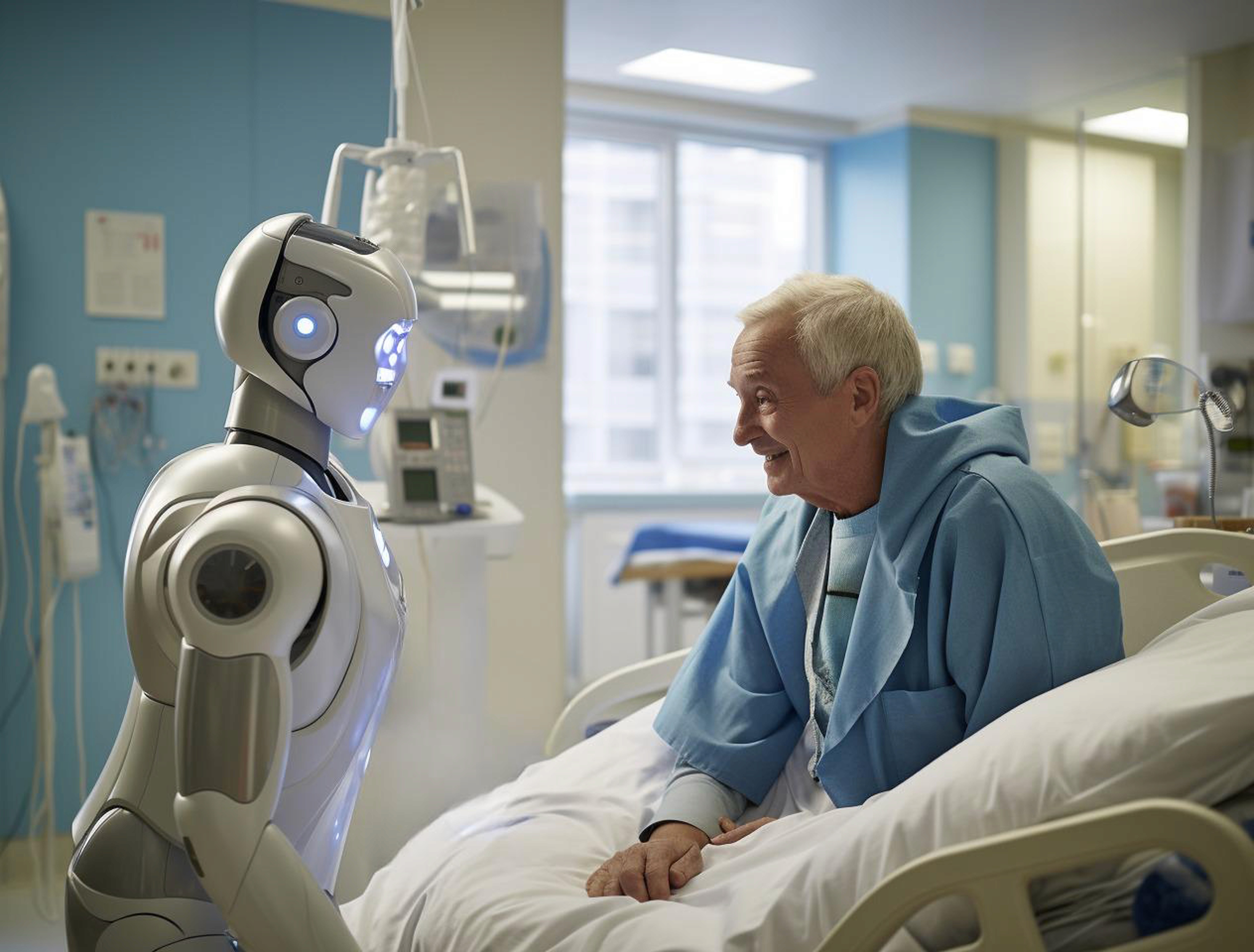 Care Robot is speaking to an old man in a nusing bed