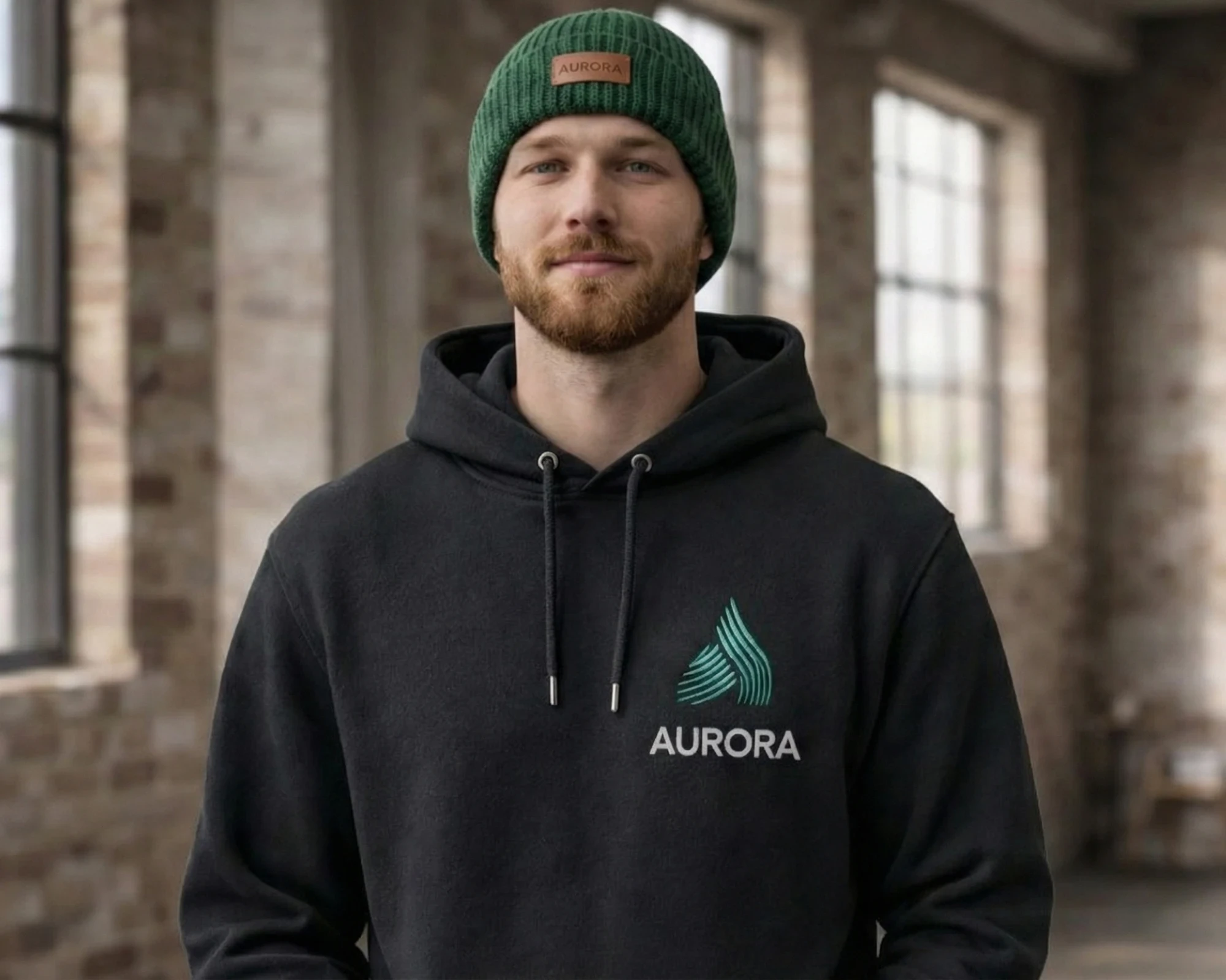 A professional portrait of a man wearing a dark charcoal Aurora hoodie and a forest green knit beanie from the collection.