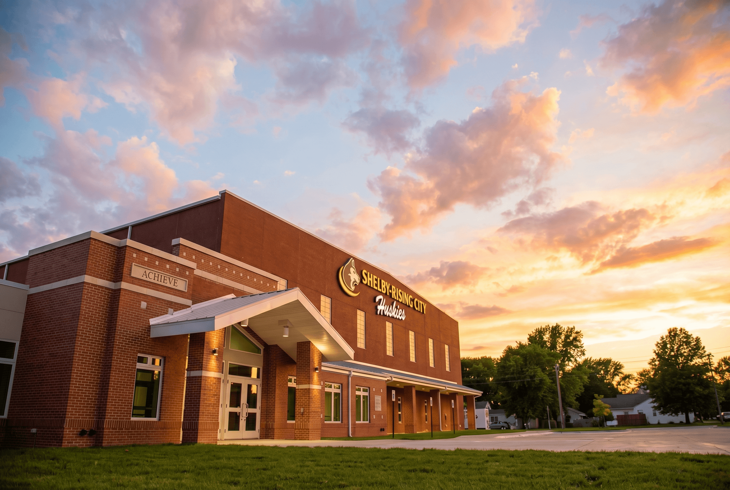 Nebraska school district building at sunset