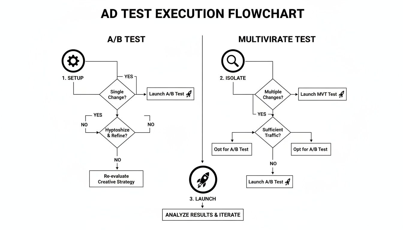 Flowchart detailing the AD test execution process for A/B and Multivariate tests, from setup to analysis.