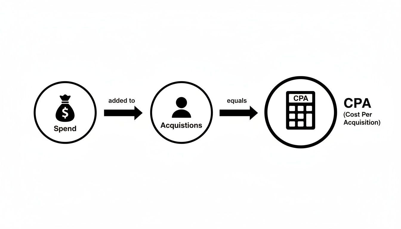 Diagram illustrating how to calculate Cost Per Acquisition (CPA) using spend and acquisitions.