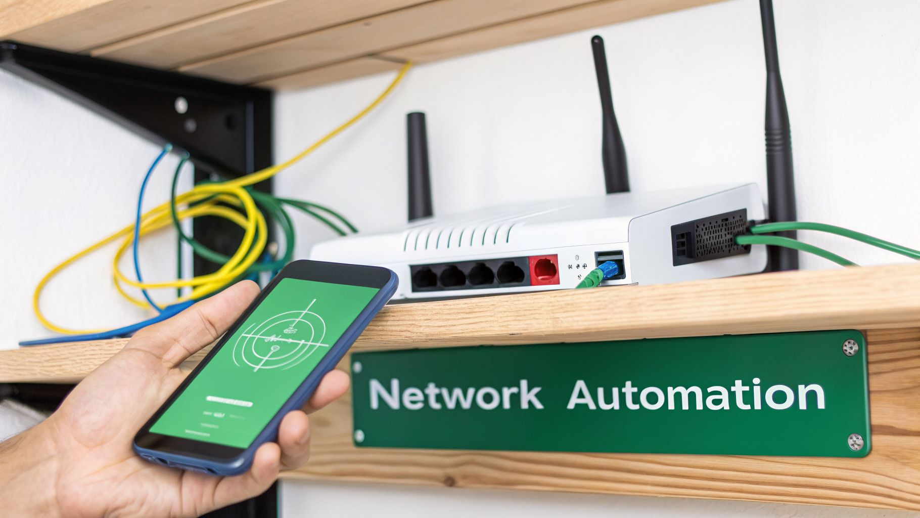 Hand using a smartphone app to manage a white network router on a wooden shelf with a 'Network Automation' sign.