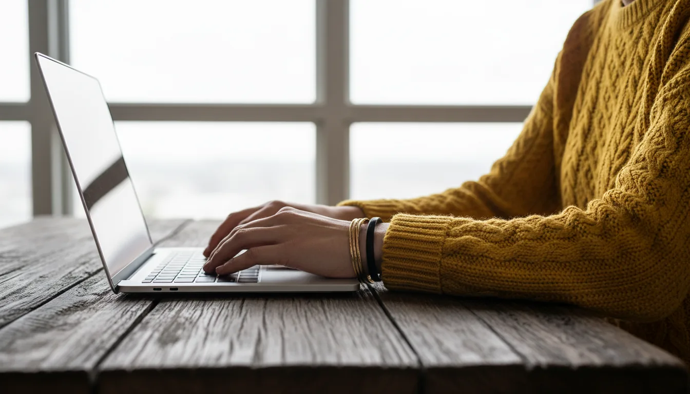 DSLR photograph, cinematic contrast. A side-profile mid-shot of a person's hands typing on a slim, silver laptop placed on a dark, rich-grained wooden desk. The person is wearing a cozy, chunky-knit mustard-yellow sweater and a stylish black cuff bracelet with thin gold bangles. The scene is lit by soft, natural daylight from a large, bright, overexposed window in the background, creating a moody and focused atmosphere. Shallow depth of field with the hands and keyboard in sharp focus.