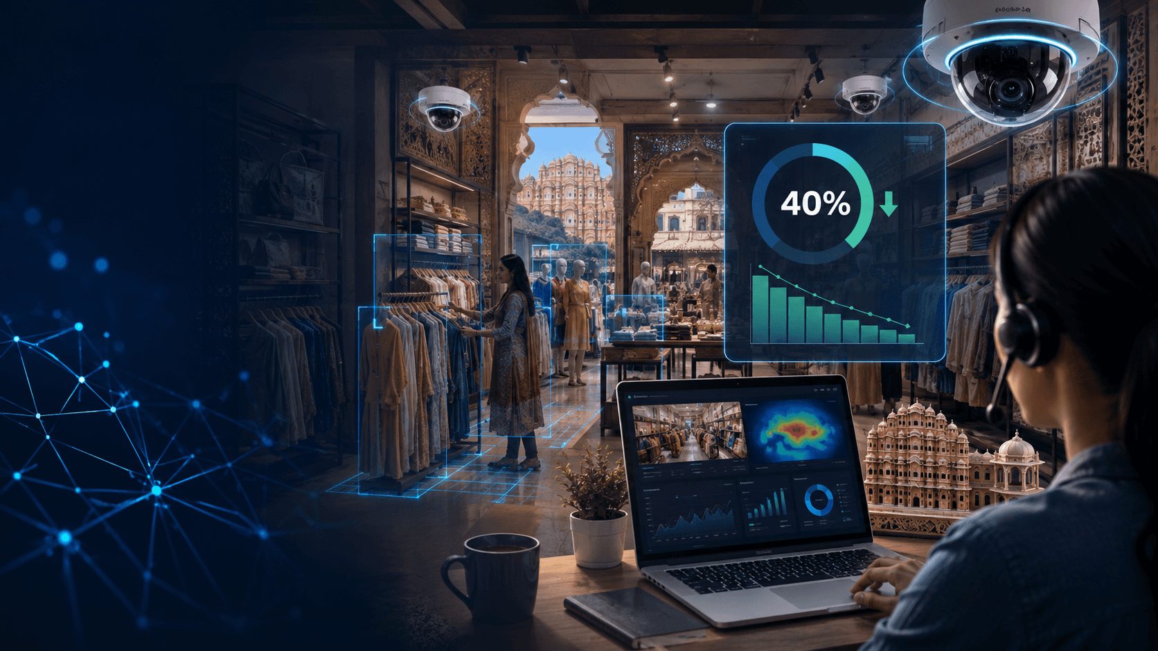 AI-powered retail security camera system monitoring a clothing store, with video analytics tracking shoppers, surveillance cameras, and a dashboard showing a 40% reduction in retail shrinkage.