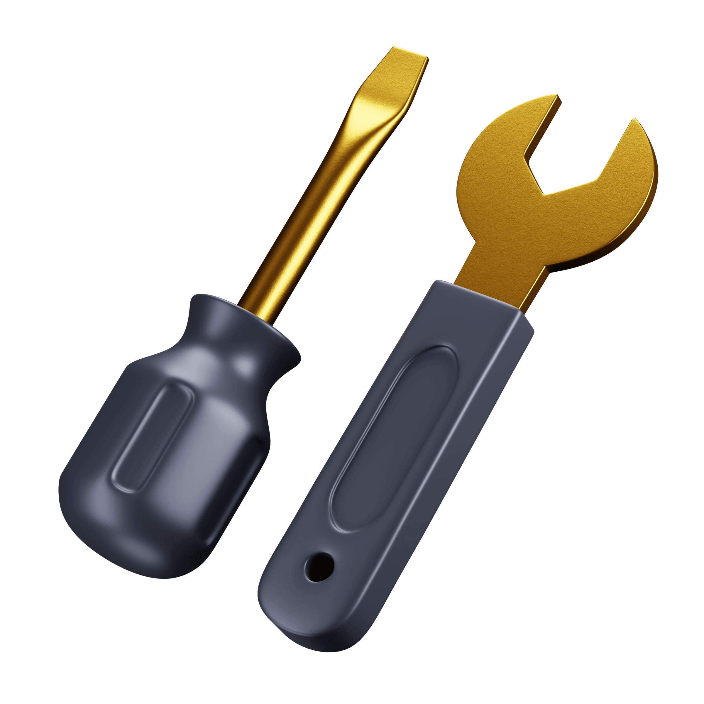 3D blue and gold screwdriver and wrench icon, representing Portray Digital Agency's professional web design, development, and digital marketing services, on a dark background