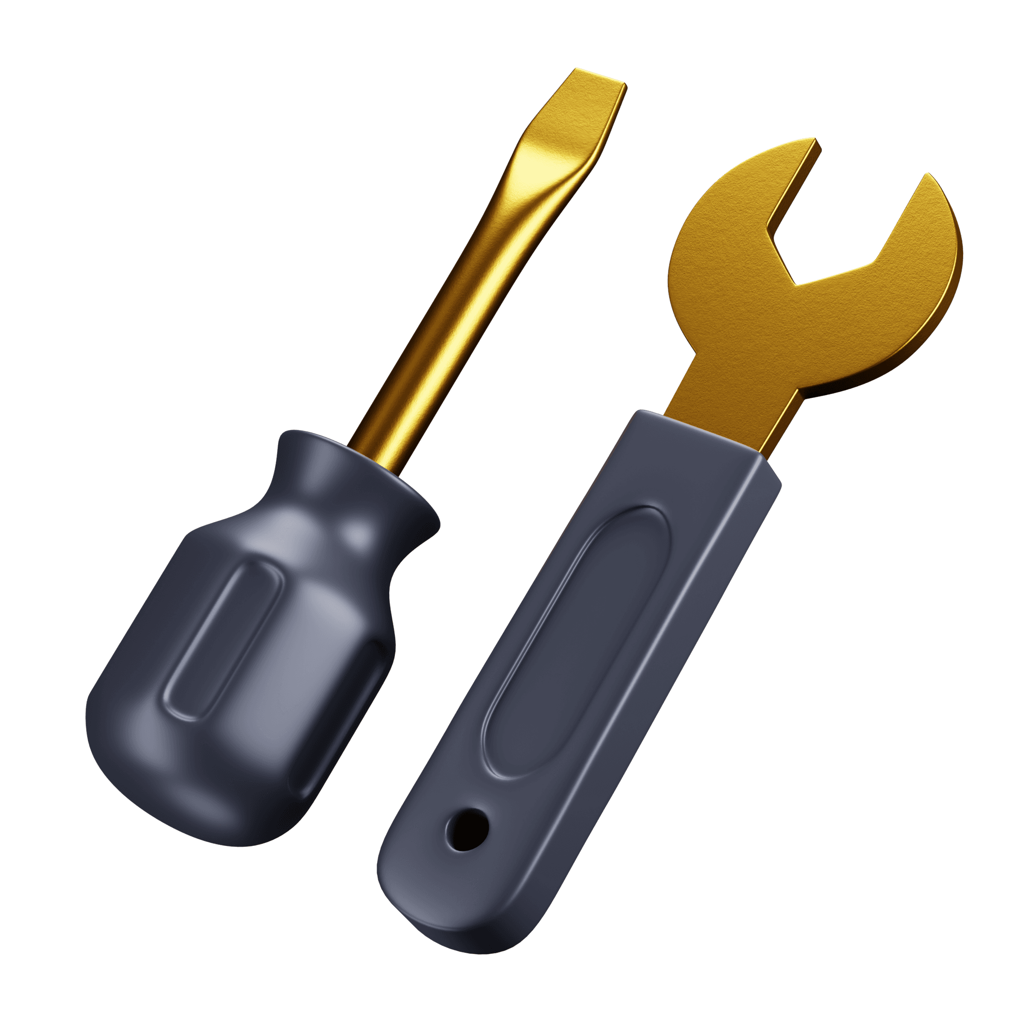 3D blue and gold screwdriver and wrench icon, symbolizing Portray Digital Agency's expert web design and development services, on a dark background