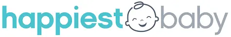 The image shows a logo featuring the words "happiest baby" in lowercase letters, with a stylized, smiling baby face icon integrated into the text design.