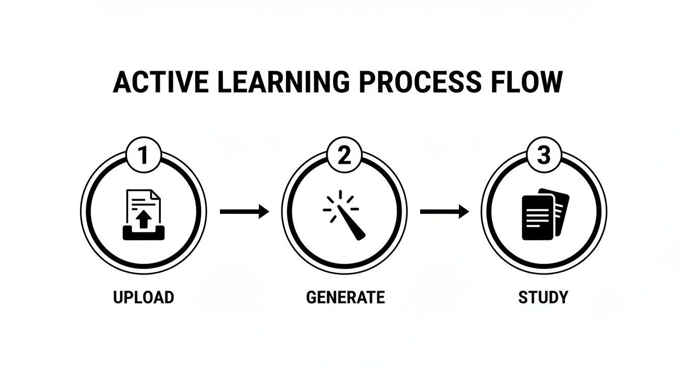 A three-step active learning process flowchart: upload documents, generate content, and then study.
