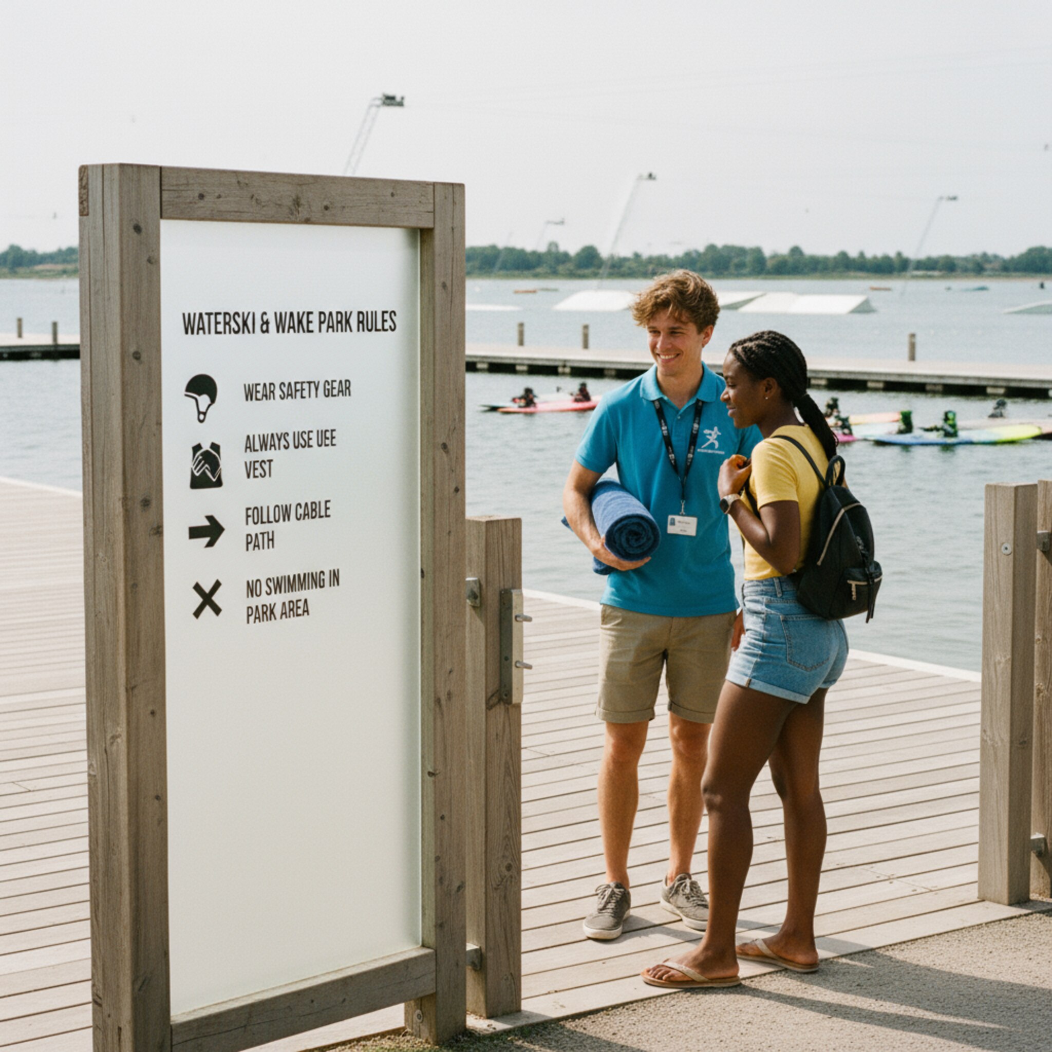 Am Eingang hängt ein klares Informationsboard mit Regeln und Hinweisen, daneben ein freundlicher Mitarbeiter, der ankommende Gäste begrüßt. Die Atmosphäre ist hell und aufgeräumt. Im Hintergrund sieht man breite Holzstege und ruhige Wasserflächen. Alles wirkt transparent und sicher.