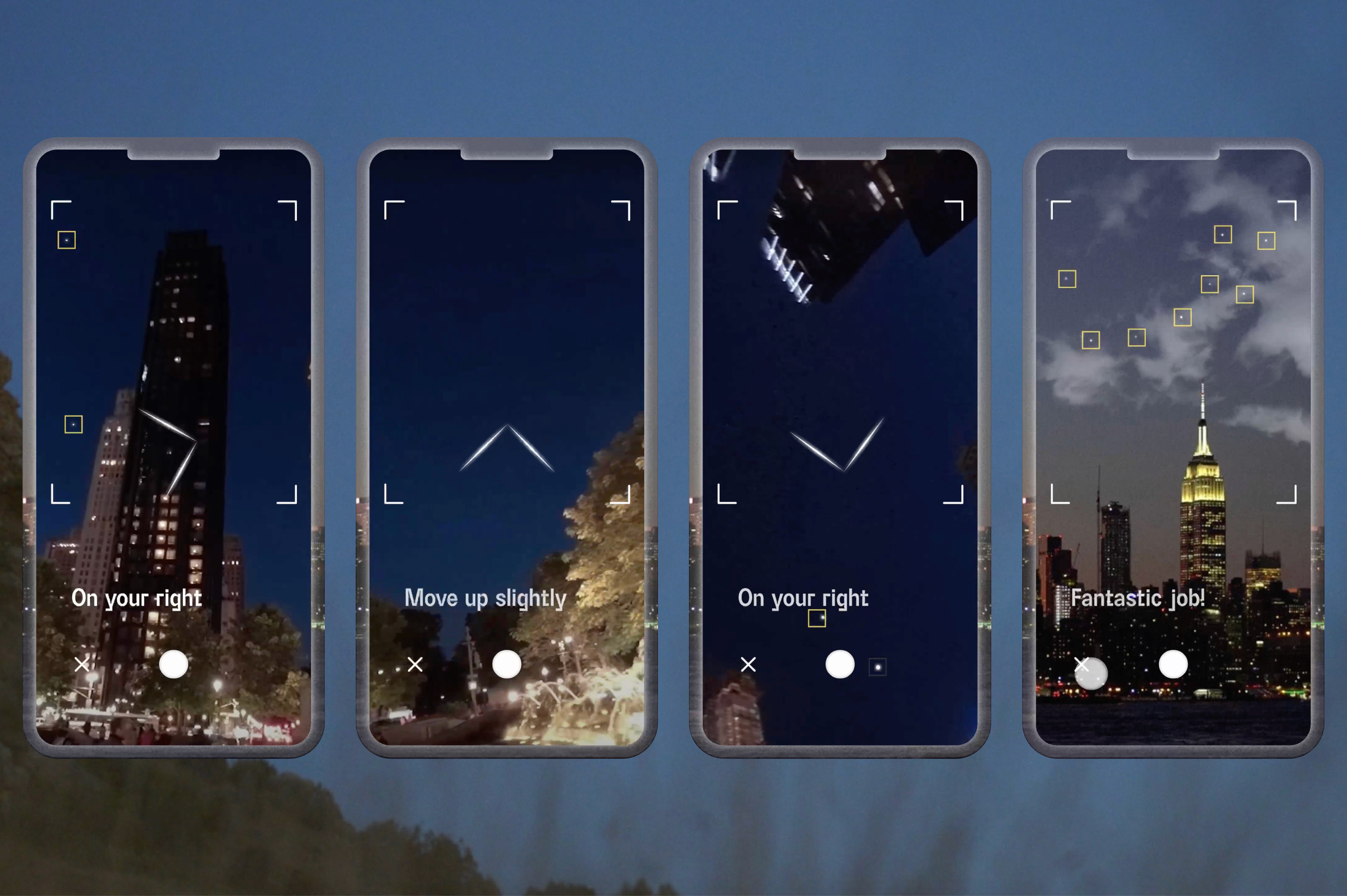 Four smartphones are displayed side by side, each showing a dark night scene with a cityscape and a central white circle with a plus sign. The text “On your right” appears below each circle. Below the rightmost phone, the text “Fantastic job!” is visible.