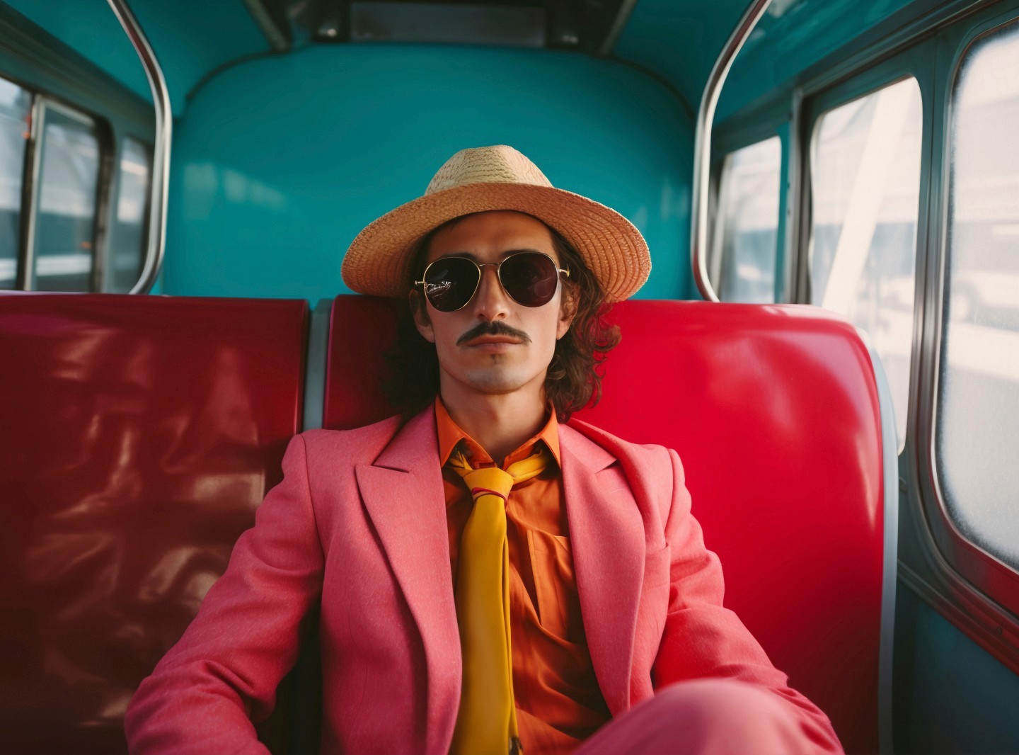 A person with a mustache, wearing a straw hat, sunglasses, and a vibrant pink suit with a yellow tie over an orange shirt, sits relaxed on a bright red bus seat in a retro-style interior.