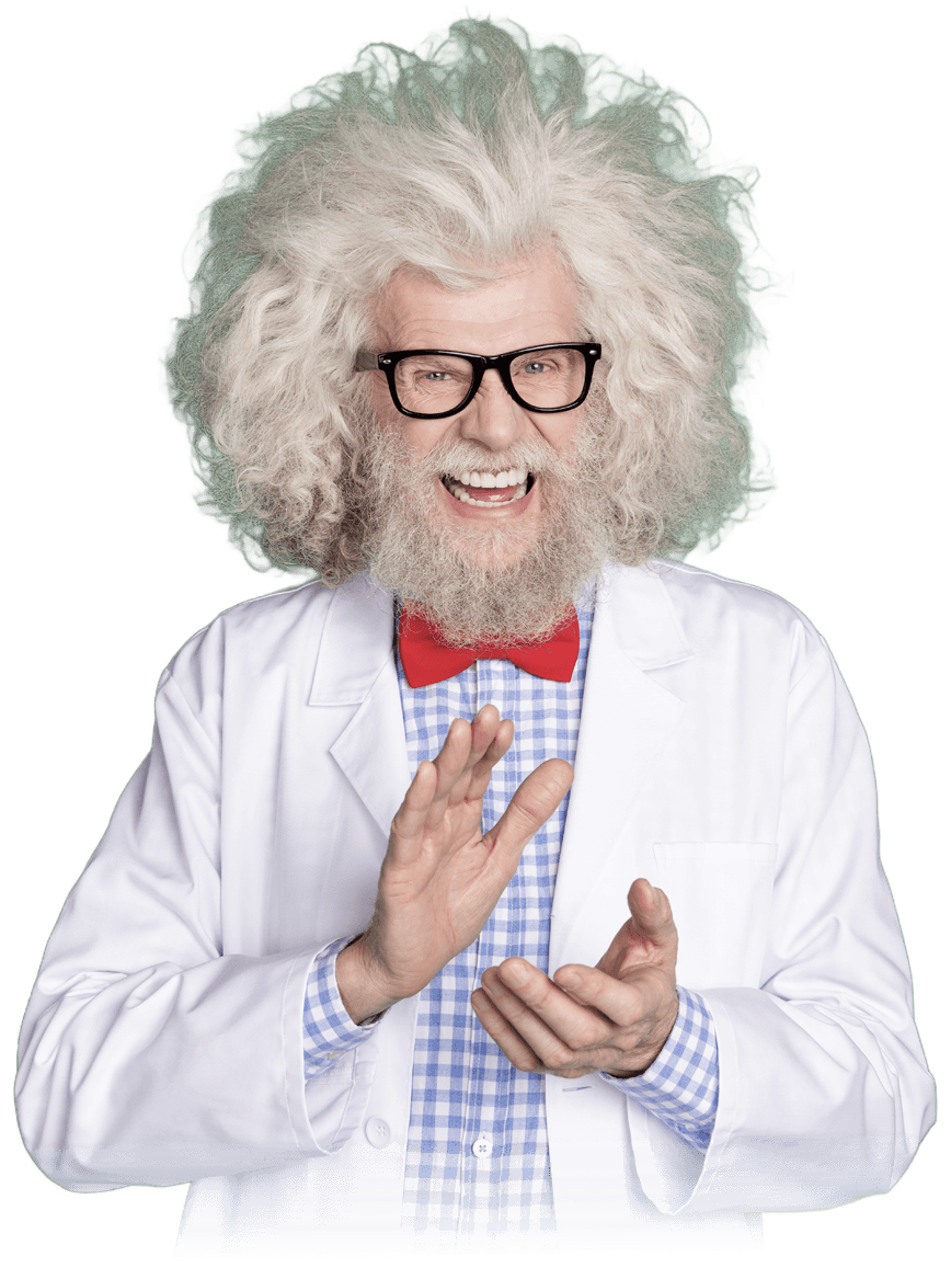 brilliant scientist, Einstein lookalike figure, smiling and clapping hands