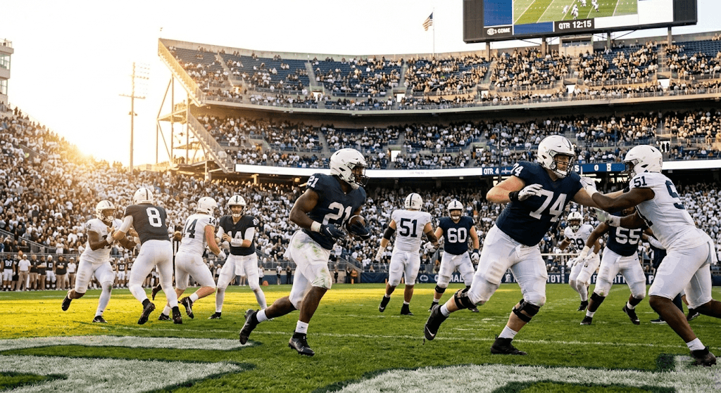 Athletes playing football in a sports stadium
