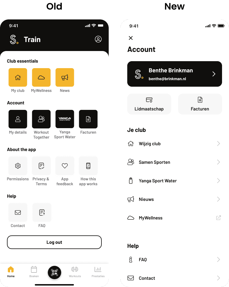 Old and new design of account overview screen