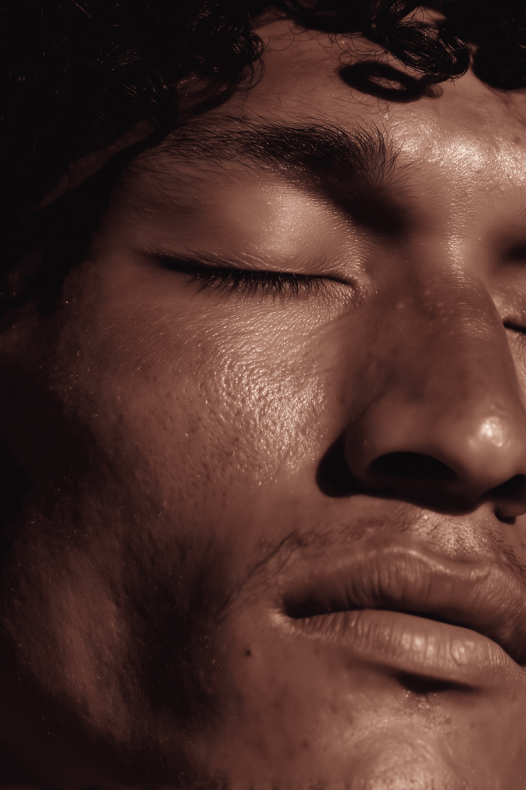 Close-up portrait from Gråhanå branding — person meditating with eyes closed, symbolizing serenity, introspection, and the emotional essence of conscious luxury branding by Astrophat Studio.