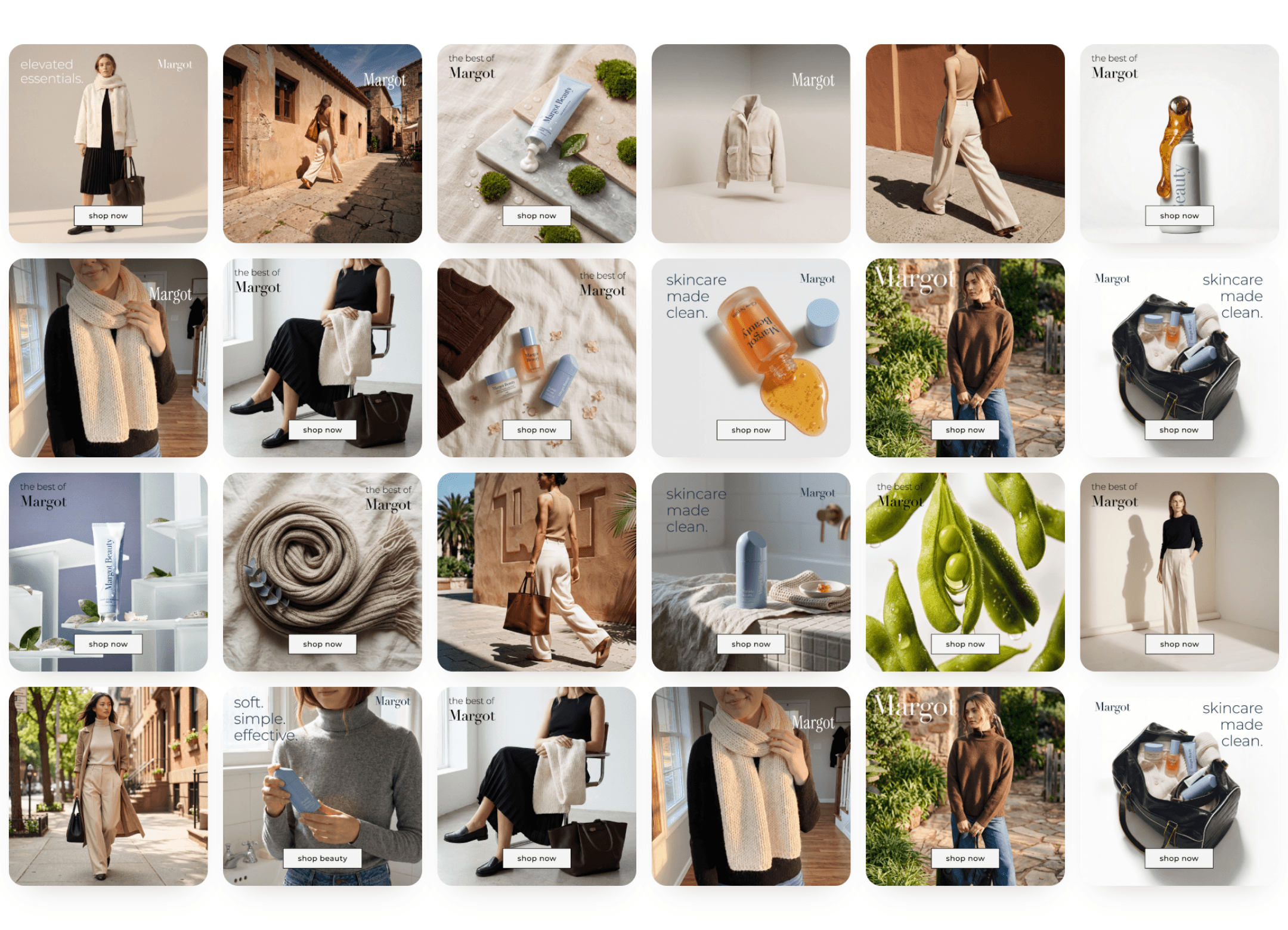 Grid of on-brand social ad creatives generated with Adora for the Margot brand