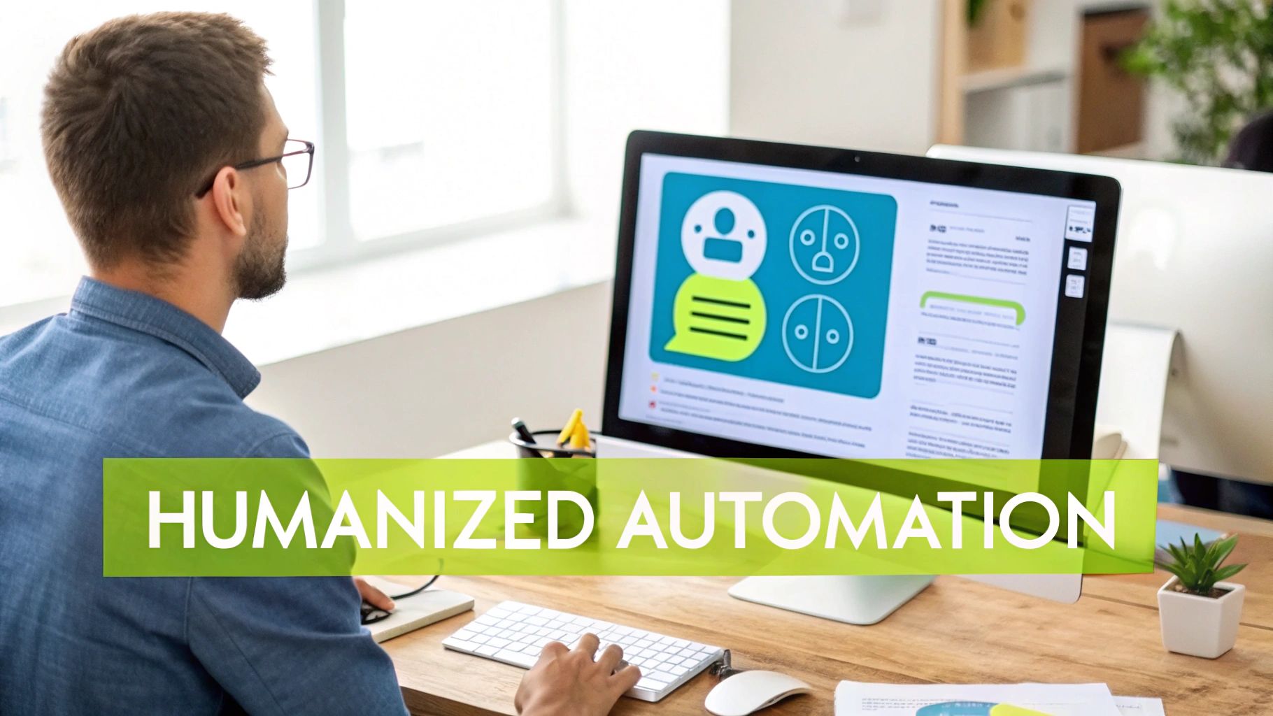 Man working on a desktop computer displaying a user interface with communication and automation concepts.