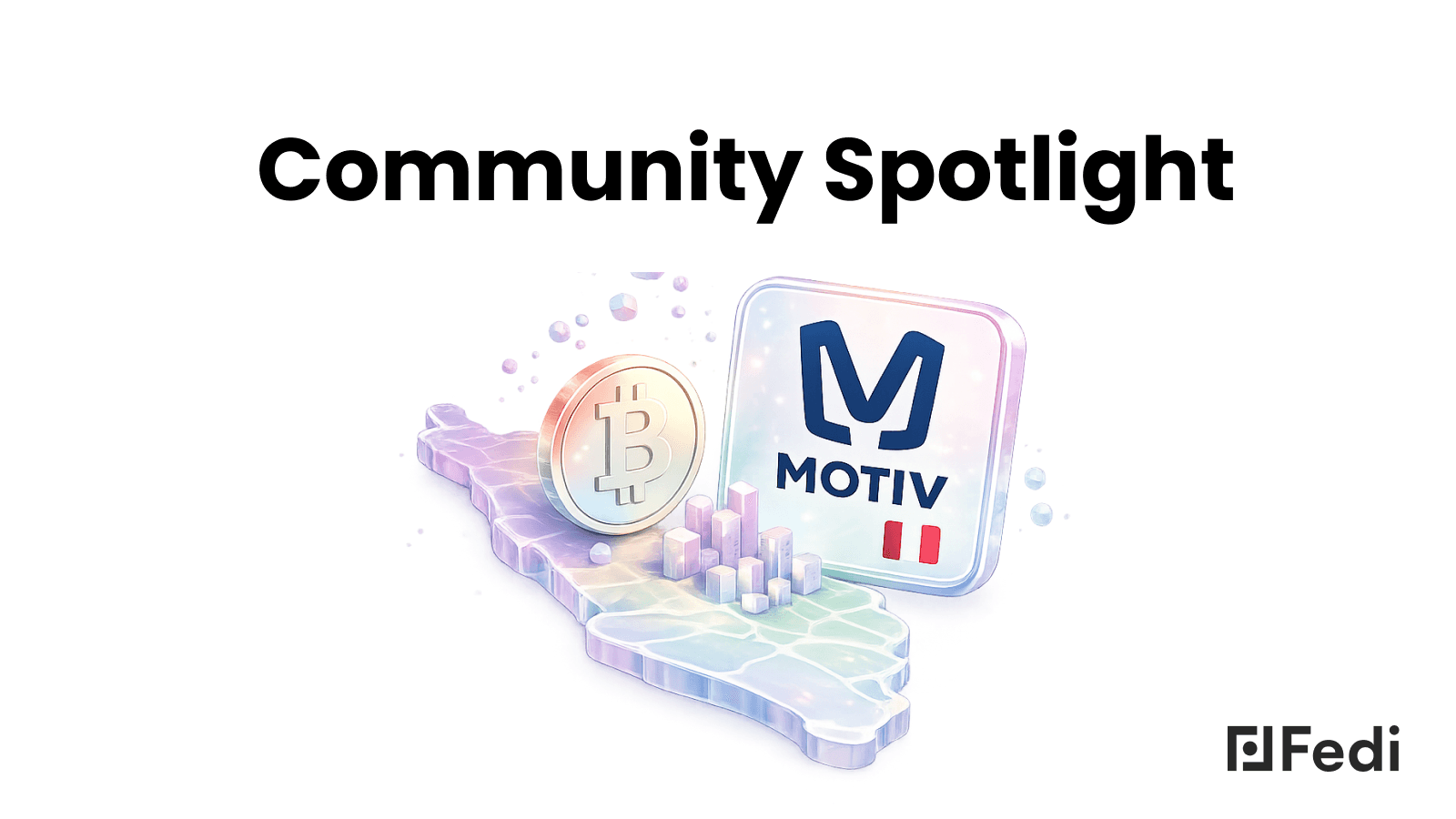 Community Spotlight graphic featuring the Motiv app logo alongside a Bitcoin coin, both resting on a glowing 3D map of Peru, with the Fedi logo in the bottom right corner.