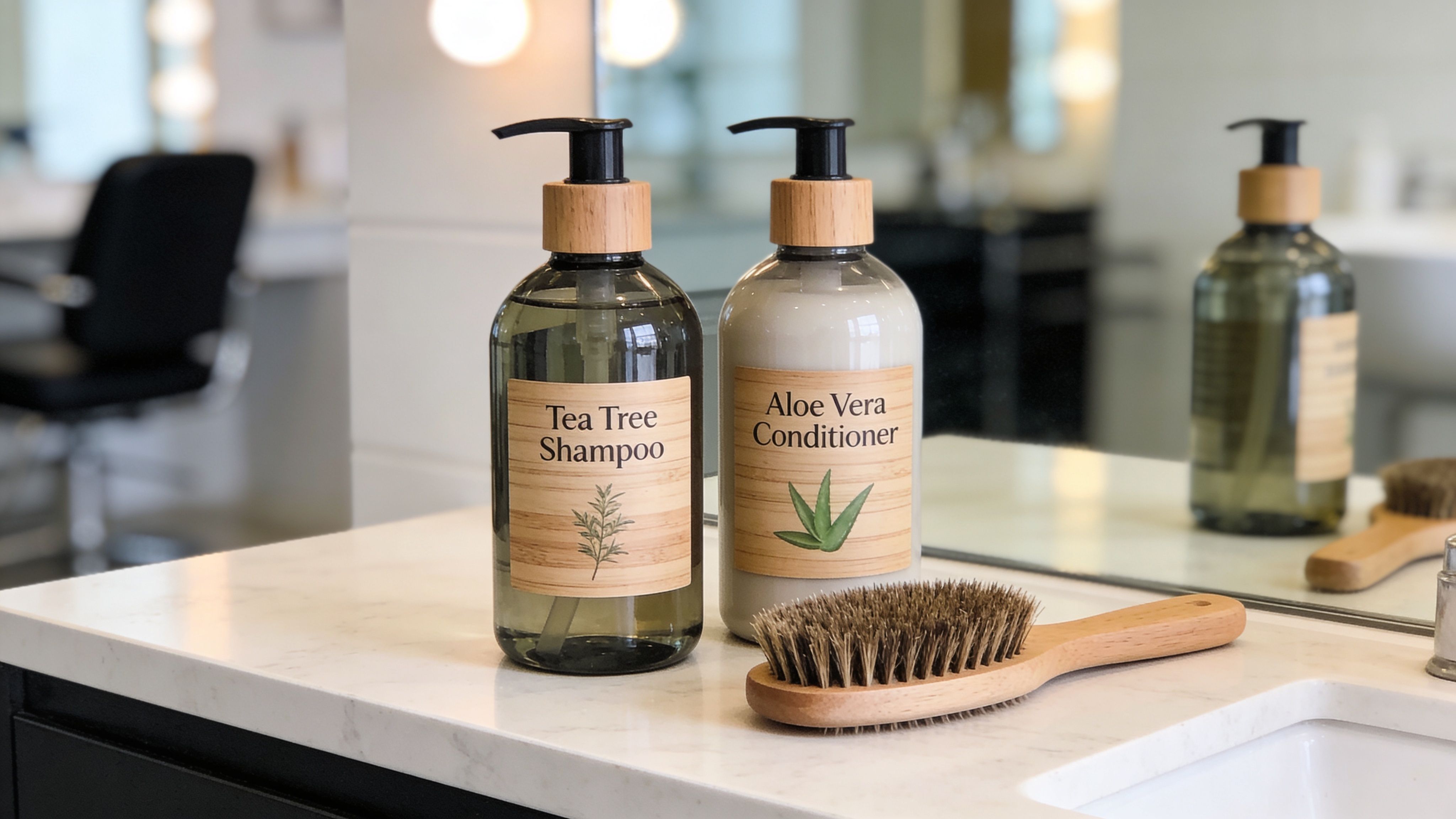 A Tea Tree Shampoo bottle and Aloe Vera Conditioner bottle sit next to a hairbrush on a vanity.