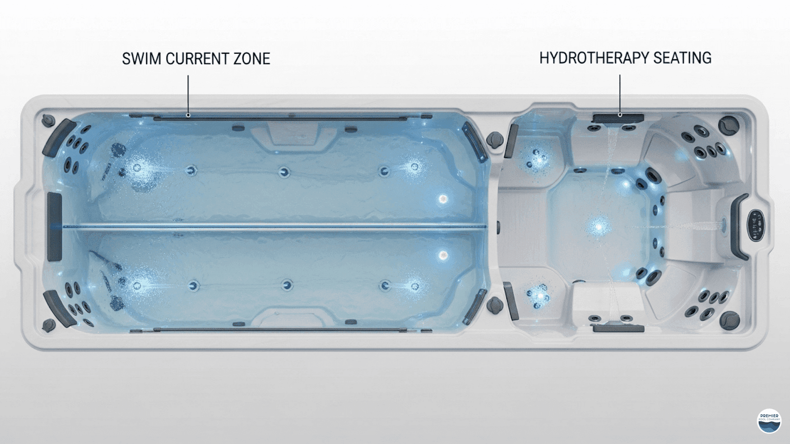Dual-zone luxury swim spa with resistance current and hydrotherapy seating area
