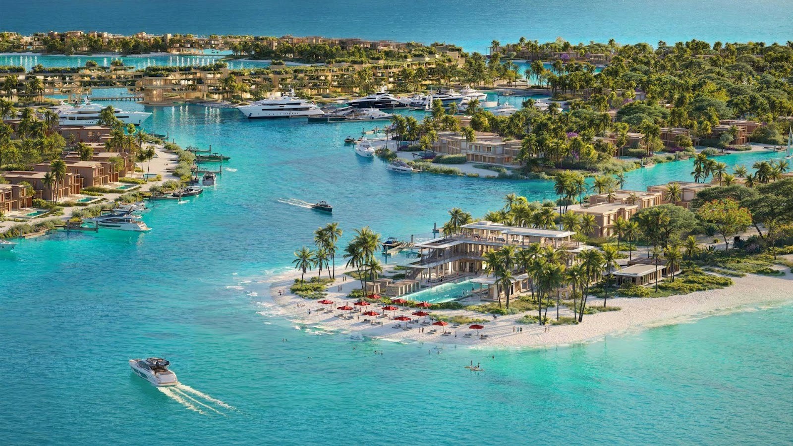 إطلالة جوية لجزيرة استوائية تضم فللاً شاطئية وقوارب وسط مياه صافية وأجواء مشمسة، تبرز المهارة الهندسية والتصميمية التي تتبناها شركة البحر الأحمر العالمية