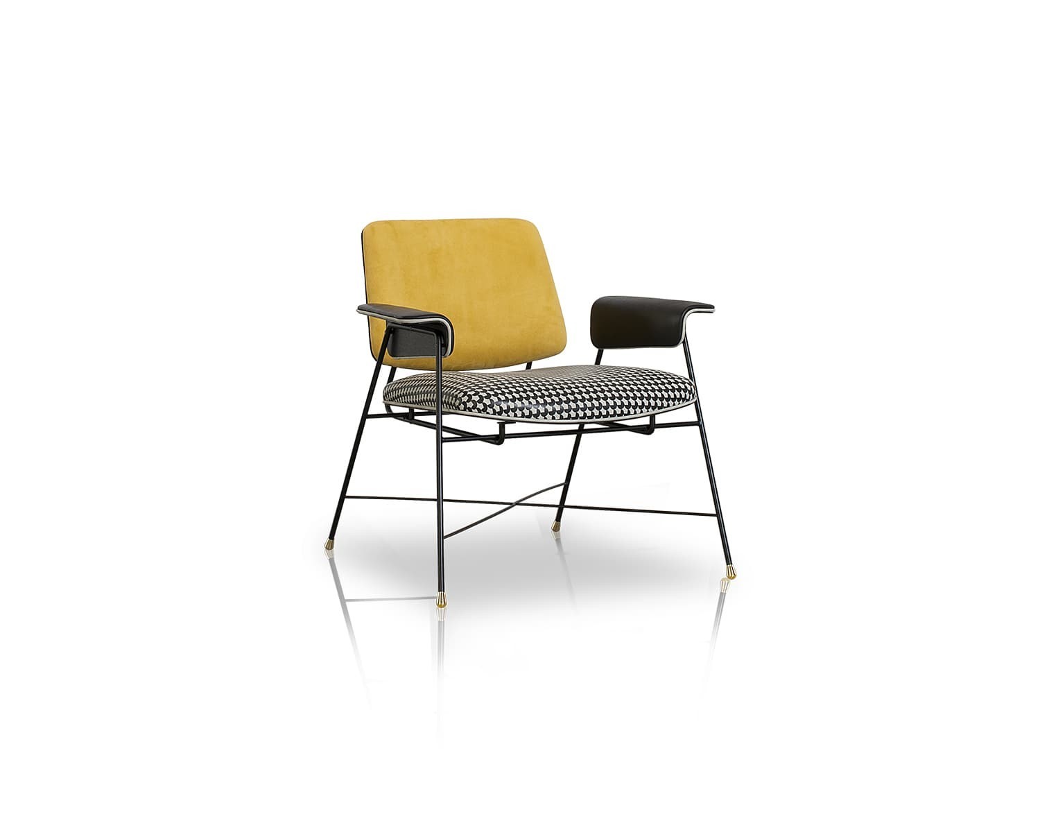 Patterned Kenmore Chair: Mid-century modern chair featuring a houndstooth pattern and yellow cushion with thin black metal legs.