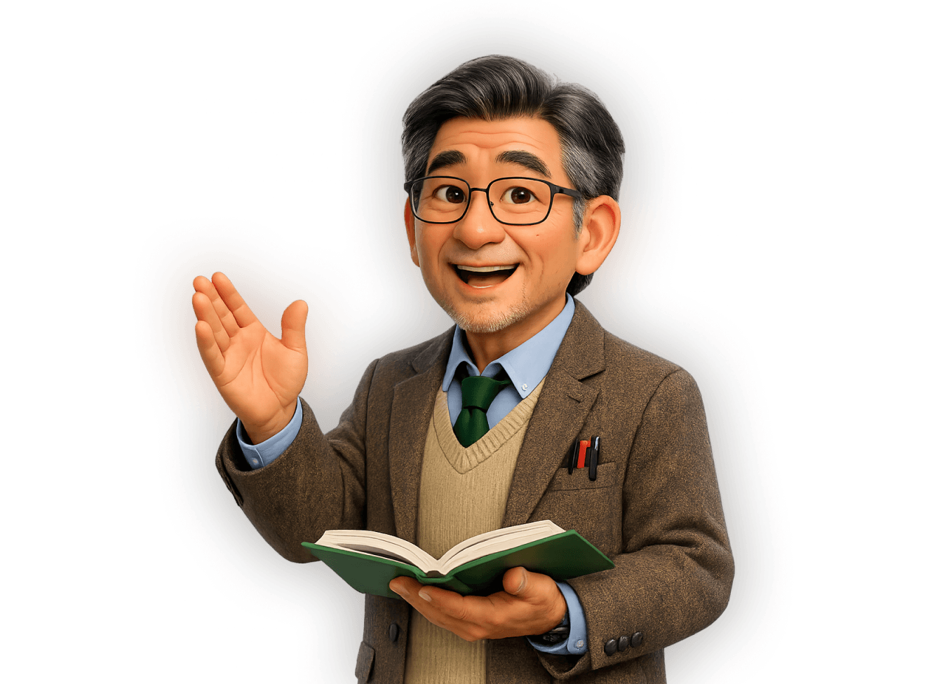 Illustration of a friendly male teacher wearing glasses and a blazer, holding an open book and gesturing with his hand as if explaining something.