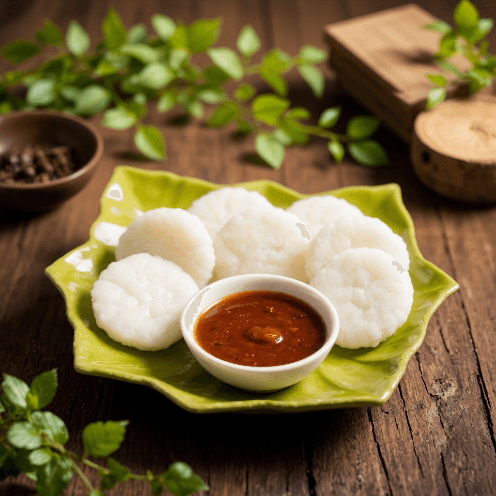 product photography of a plate of rice cakes with a small bowl of dipping sauce