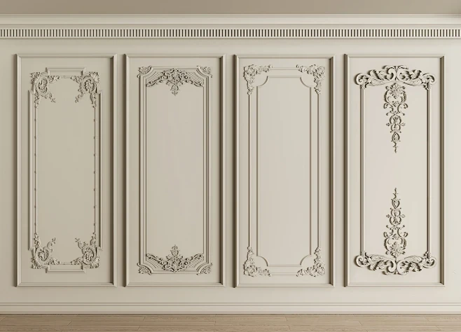 A decorative wall design featuring four intricately carved panels with ornate detailing, perfect for classical or high-end interiors.