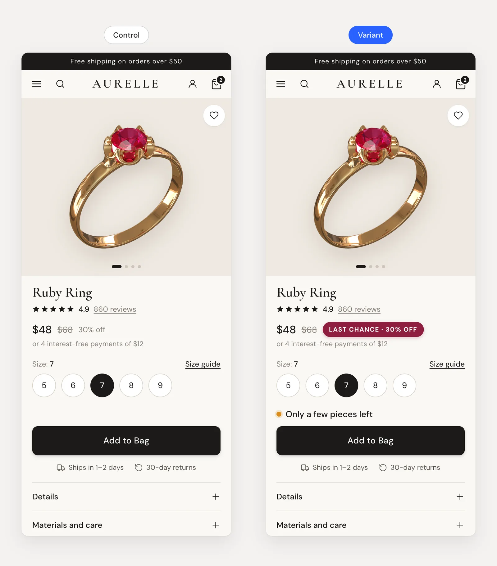 Product page test: control with the discount as plain text versus variant with a Last chance badge and an Only a few pieces left note