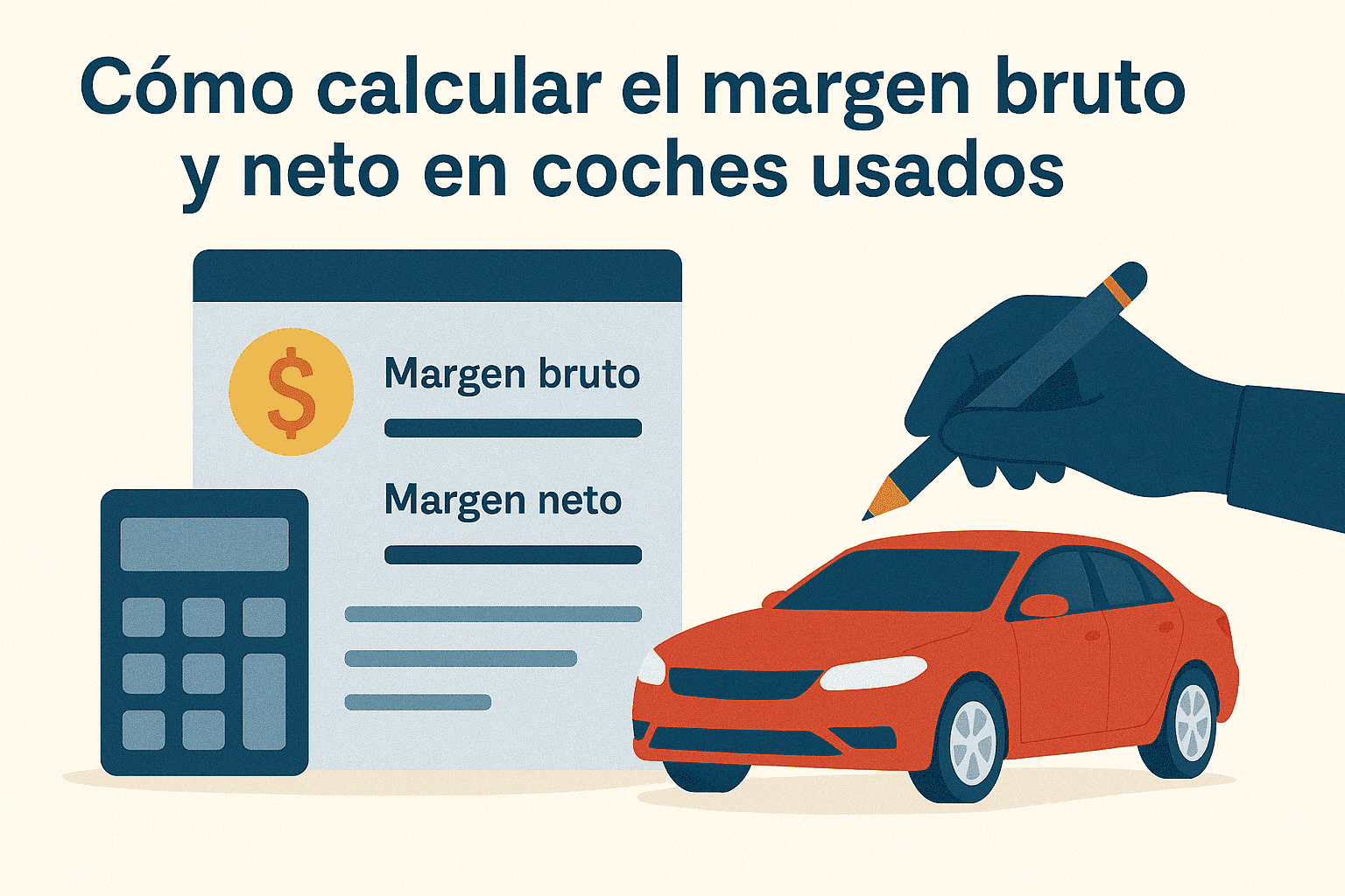 How to calculate gross & net profit in used cars. Illustration of calculations with car, calculator & pen.