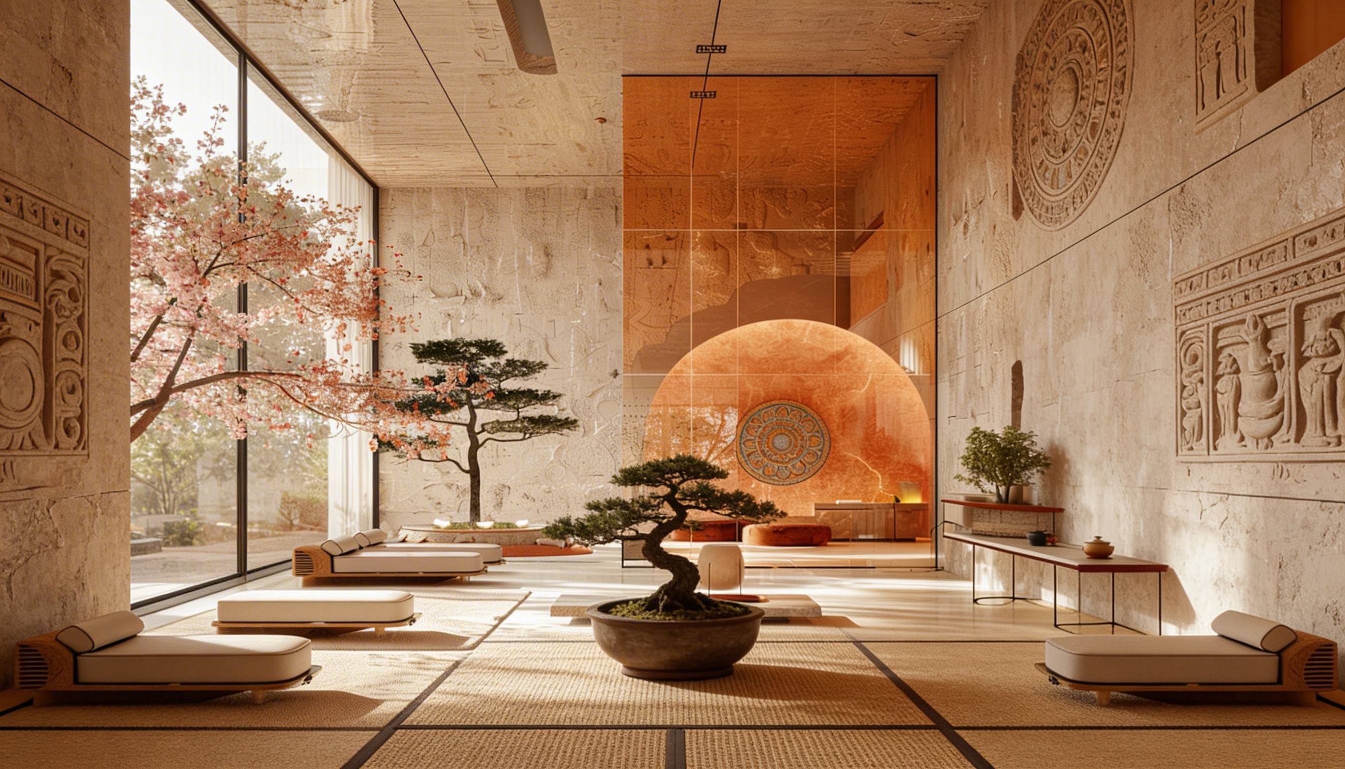 Low-profile seating area with layered warm materials and Japanese aesthetic details