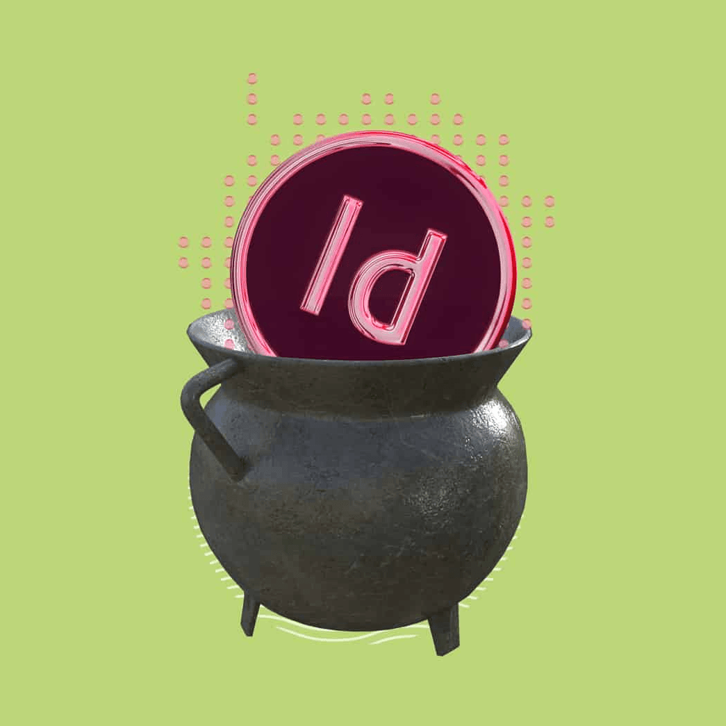 Icono de Adobe InDesign emergiendo de un caldero sobre fondo verde.