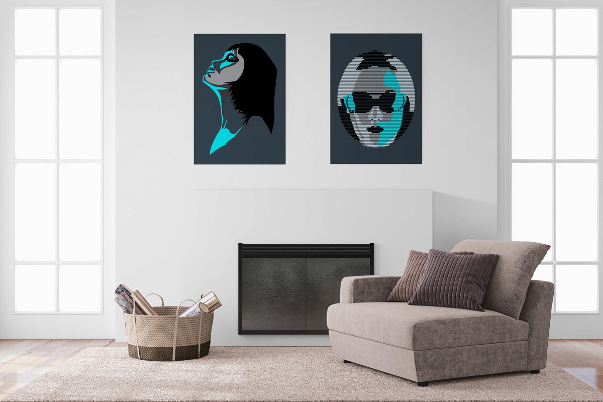 2 pieces of minimal wall art hanging above a fireplace