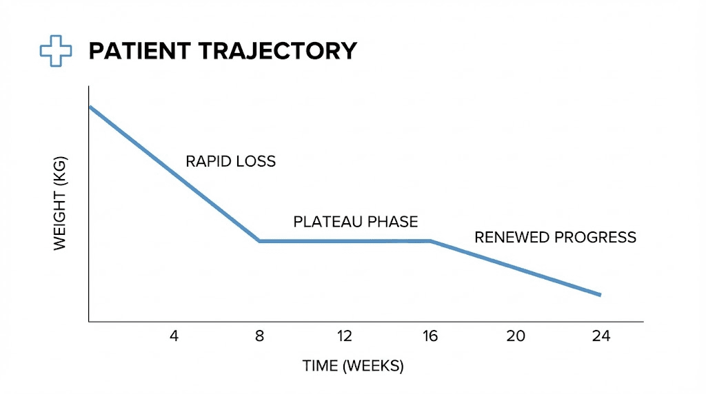 Semaglutide weight loss plateau timeline showing stall and breakthrough phases