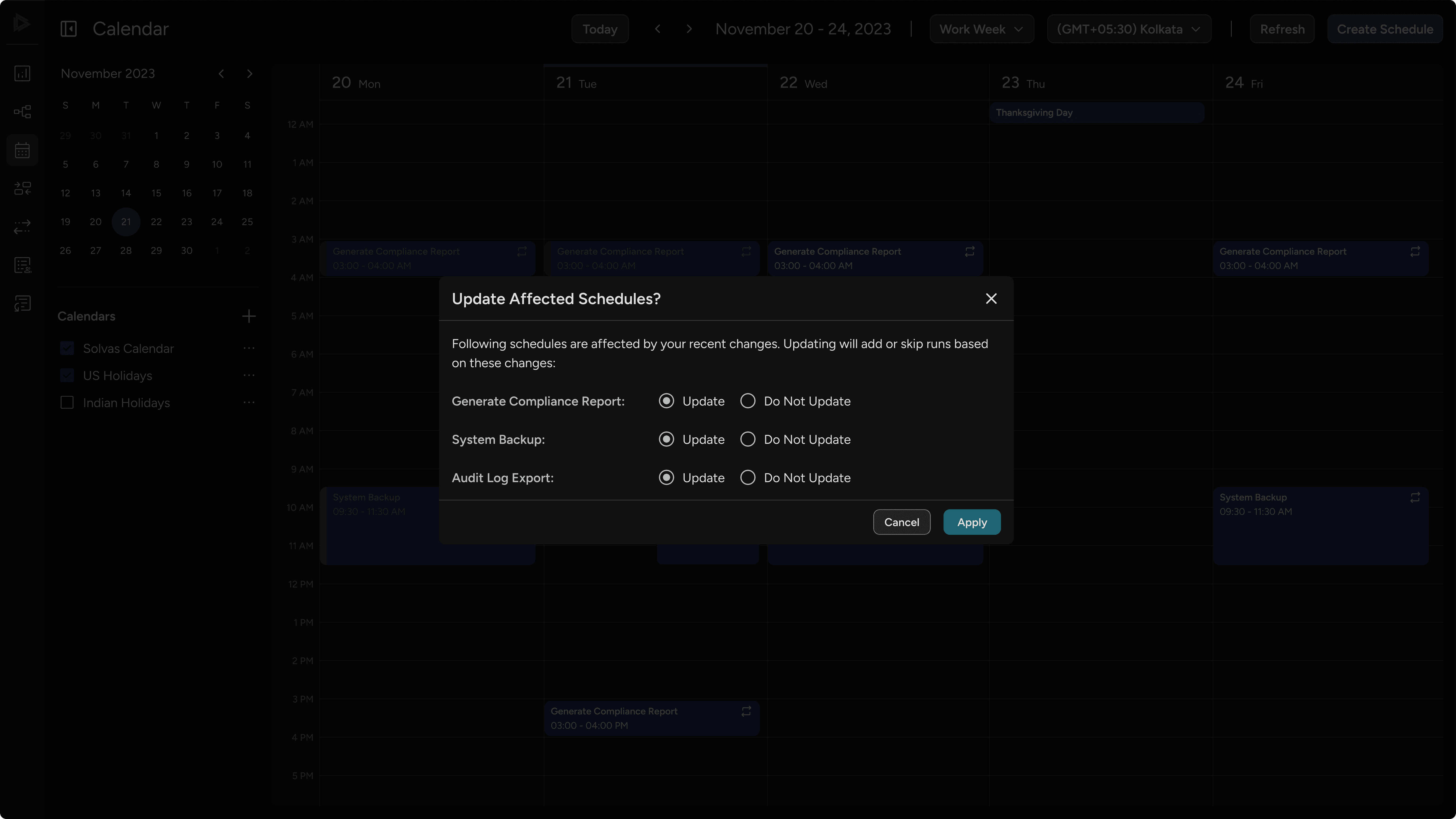 Popup showing option to update or keep existing schedules after changes to overlapping calendar events