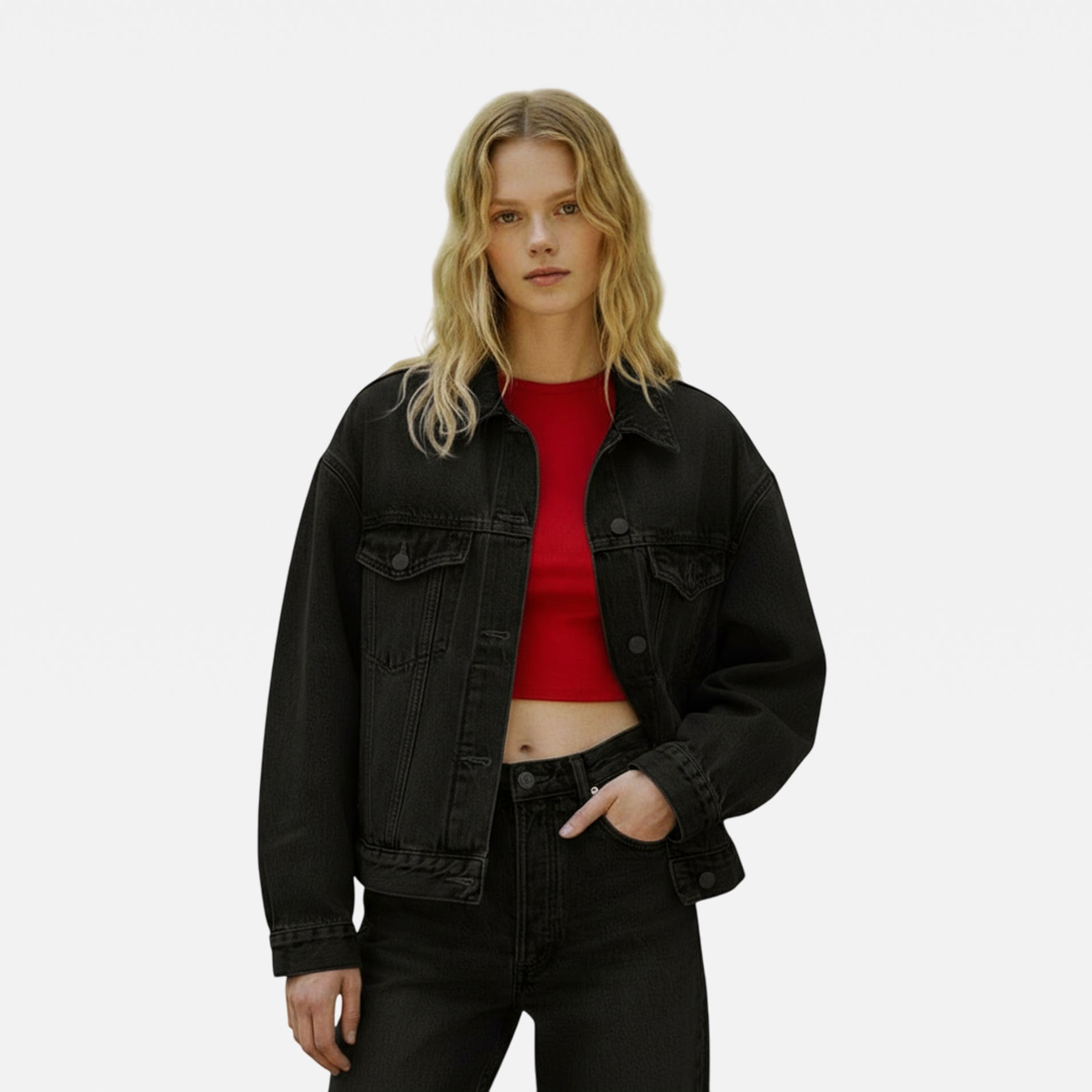 Woman wearing a black denim jacket 