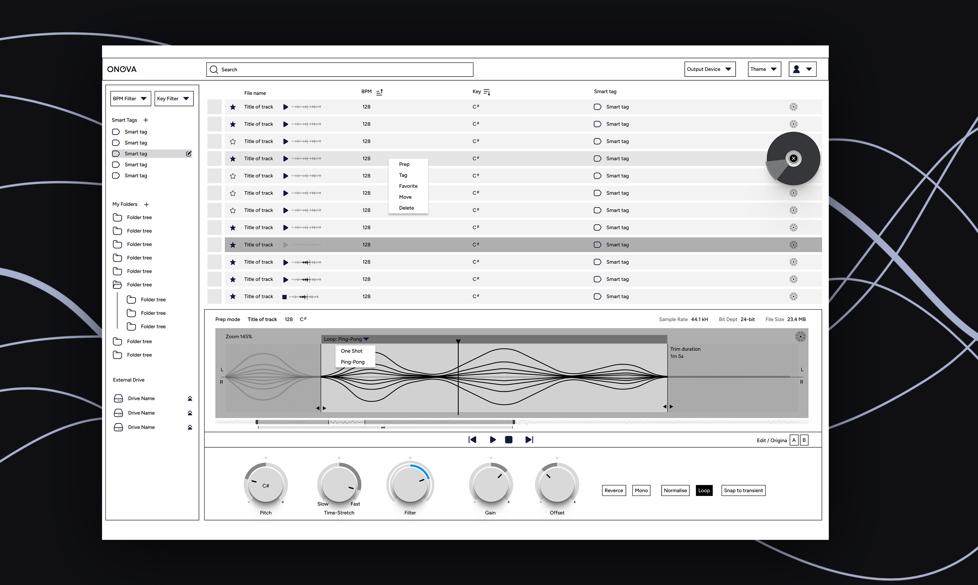 Wireframe for waveline Audio UI