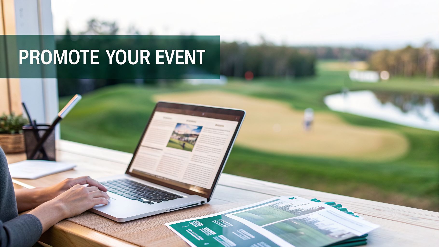 A person works on a laptop to promote an event, with a beautiful golf course in the background.