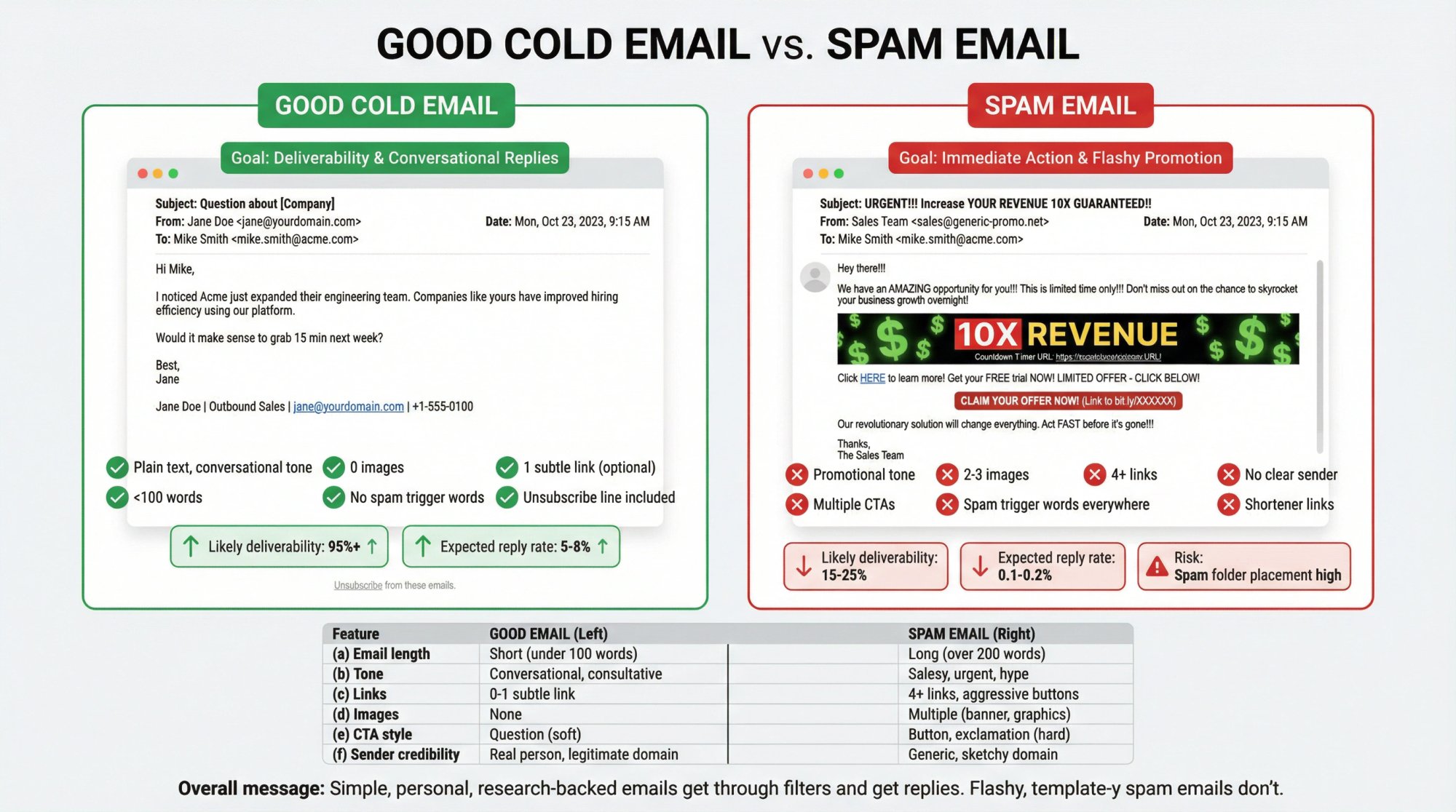 Side-by-side comparison of good cold email vs spam email showing formatting, content, links, and trigger word differences
