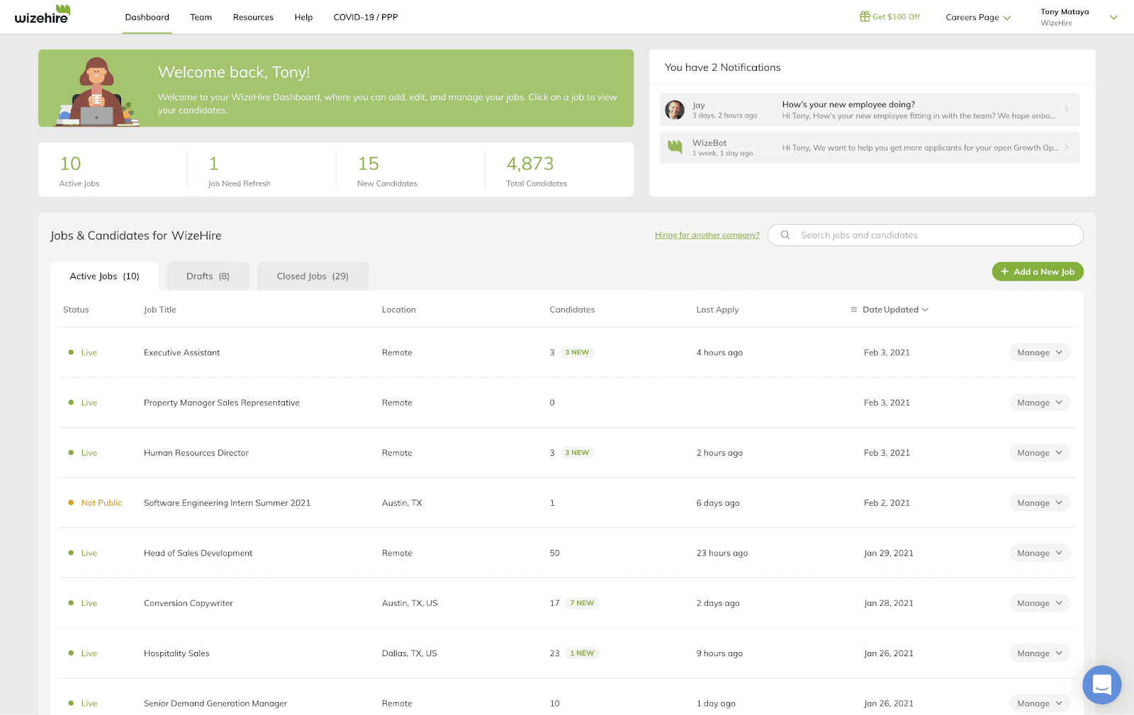 Interface of recruitment crm software wizehire&nbsp;