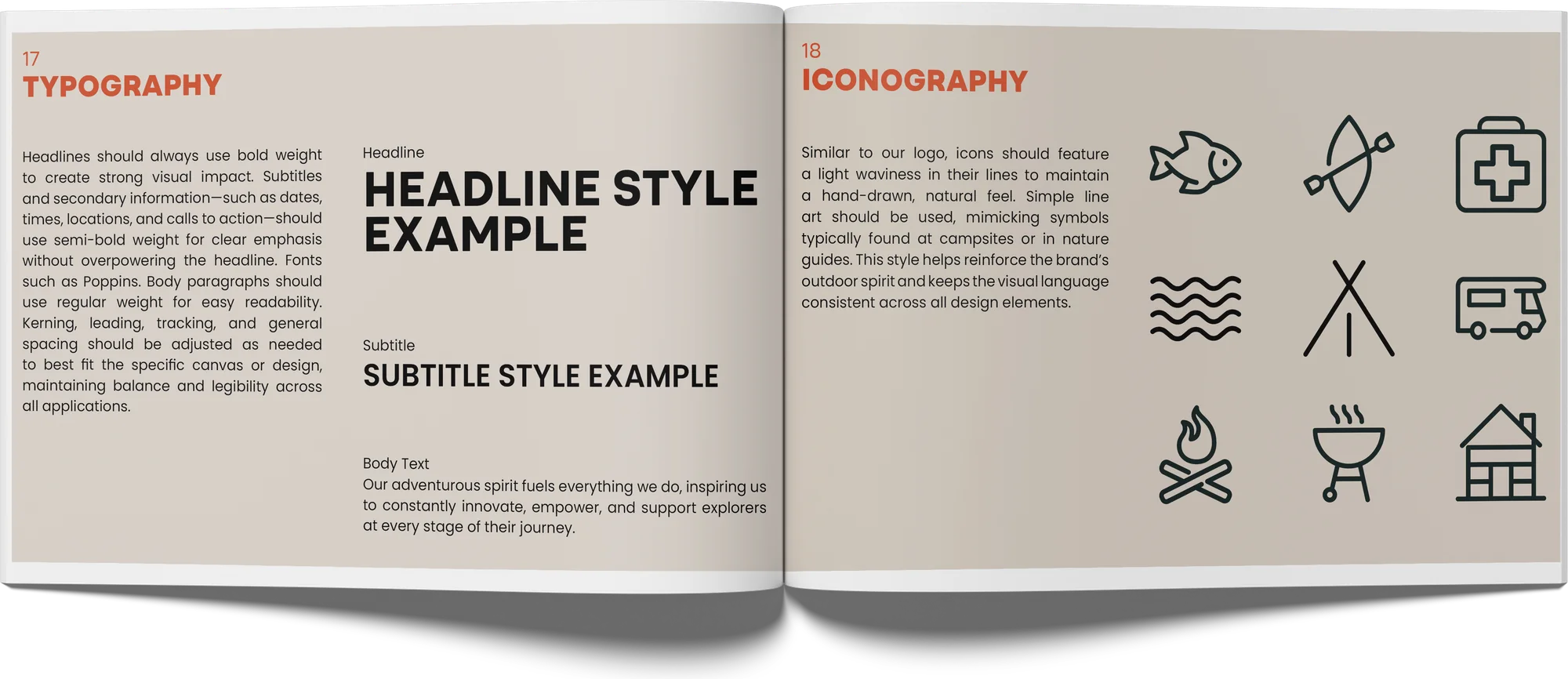 Brand book spread: typography and iconography