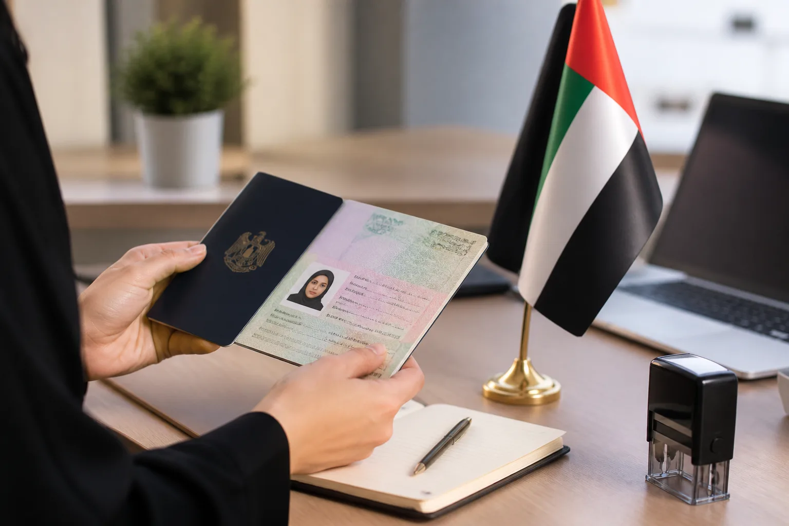 UAE Residency and Visit Visa Extensions Explained beside a passport, residence permit card and application