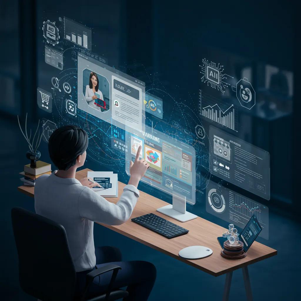 A futuristic workspace where an individual leverages AI technology for sophisticated ecommerce advertising, emphasizing personalization and data analytics
