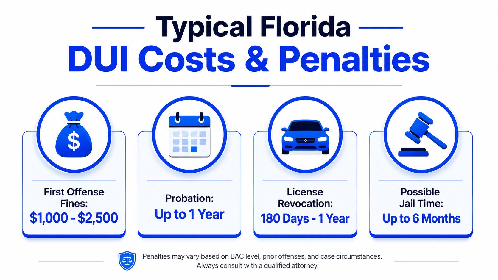 A graphic showing the typical costs and penalties for a first-time DUI offense in Florida.