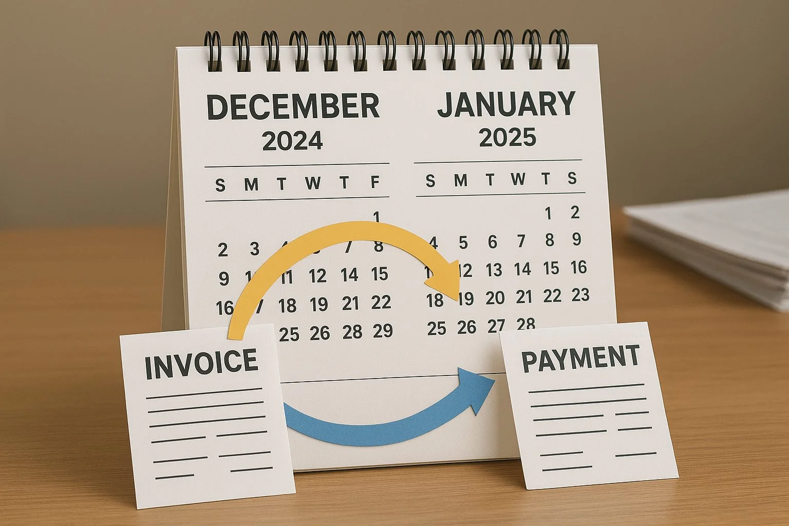 Calendar flipping from December to January with arrows showing invoices and payments moving between months, symbolizing income and expense timing.