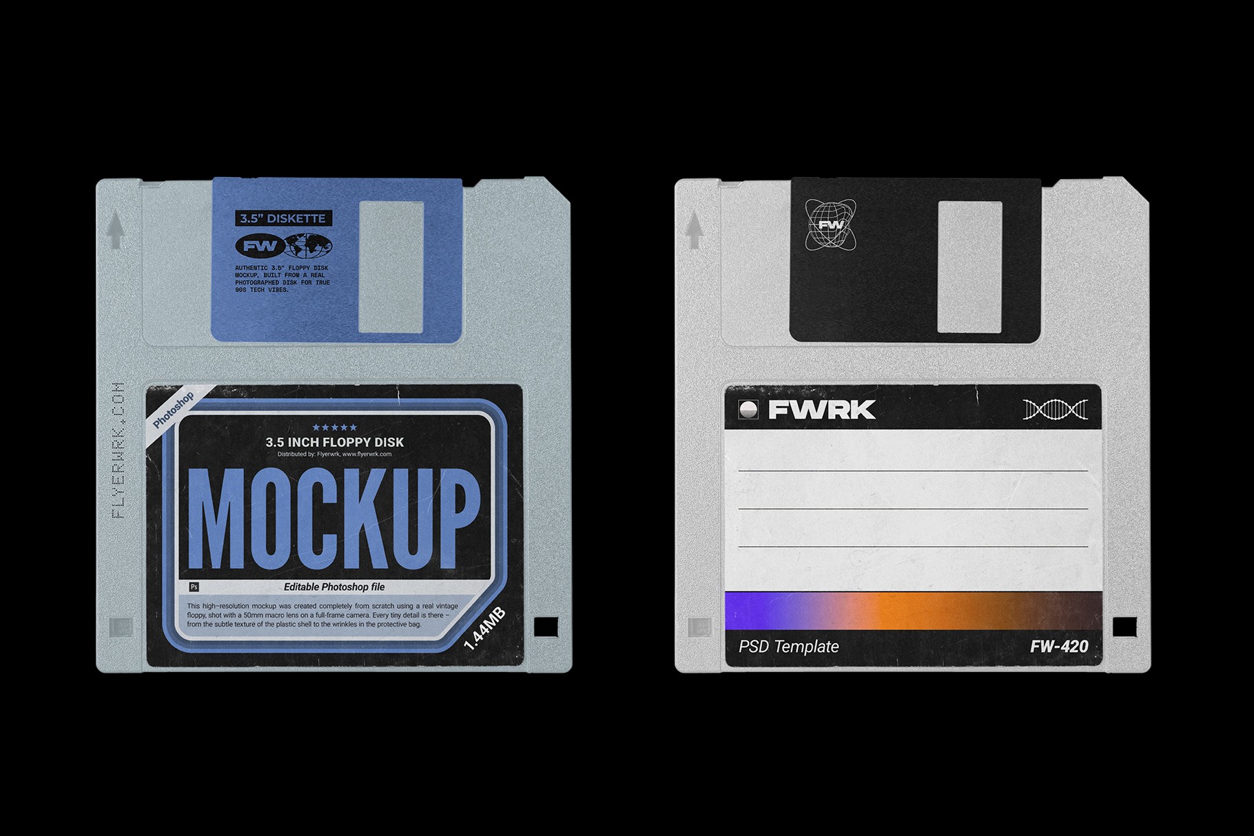 Vintage Floppy Disk 3.5 Inch Mockup with realistic silver plastic textures and editable blue label designs